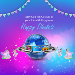 Happy Dhulandi greeting with a globe showcasing digital devices and dancing figures.