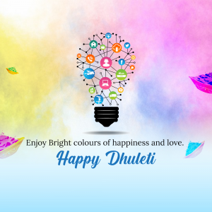 Lightbulb filled with social media icons and colorful splashes, with text 'Happy Dhulleti'
