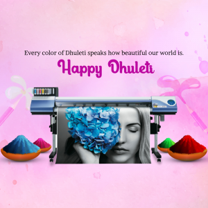 Dhulleti celebration image with a woman's face partially covered in colorful powder and a printer displaying the image.
