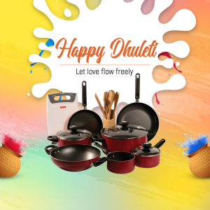 Cookware set with colorful Dhuleti background