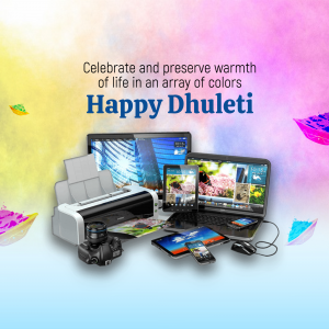 Image depicting electronic devices with colorful Dhuleti decorations and text 'Happy Dhuleti'