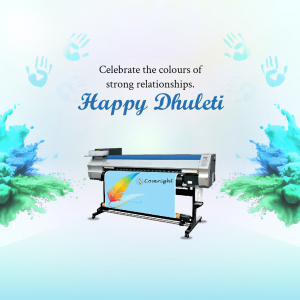 Dhuleti celebration image with handprints, color splashes, and a large format printer.