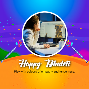 Woman working on a computer with a colorful Dhulleti background