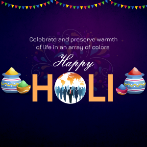 Happy Holi greeting with colorful elements and a global community illustration.