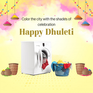 Washing machine with colorful clothes and Holi decorations