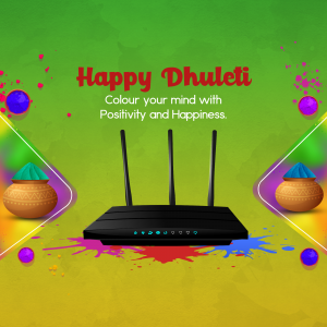Happy Dhuleti greeting with a router and colorful splashes