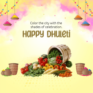 Image depicting a basket overflowing with fruits and vegetables with colorful powder and decorations, celebrating Dhulandi.