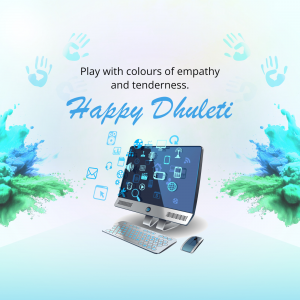 Image depicting a computer with digital icons and handprints, celebrating Dhuleti.