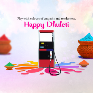 Image depicting a fuel dispenser surrounded by colorful Holi powders and traditional pots.