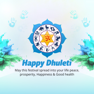Dhuleti festival greeting with colorful splash and zodiac wheel