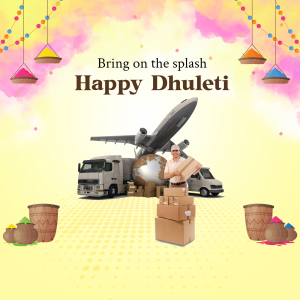 Image depicting Happy Dhulandi with logistics elements like trucks and airplanes.