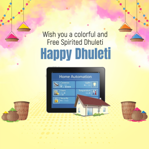 Tablet displaying home automation interface with Holi colors and decorations