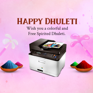 Image depicting Happy Dhulleti with a printer and colorful powders.