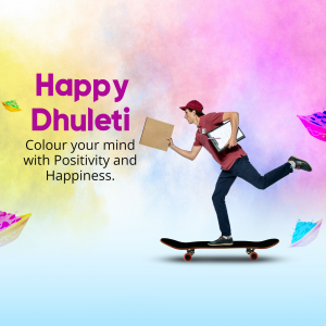 A delivery person on a skateboard with colorful Holi background