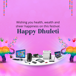 Happy Dhuleti greeting with electronics and festive decorations.