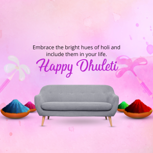 Image depicting a Happy Dhulleti wish with a sofa and colorful powders.