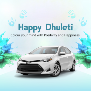 Image of a white Toyota Corolla with colorful paint splashes and handprints, celebrating Dhuleti.