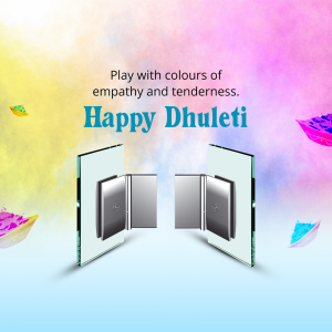 Happy Dhulandi greeting with colorful abstract elements and smartphone displays.