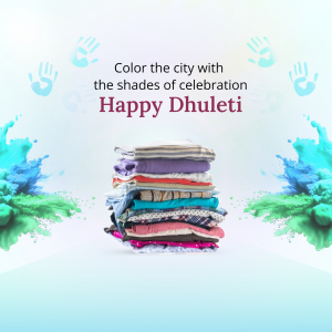 Colorful stack of clothes with handprints and splashes of color, celebrating Dhulleti.