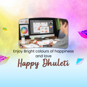 Person working on a computer with a colorful Dhulleti themed background.