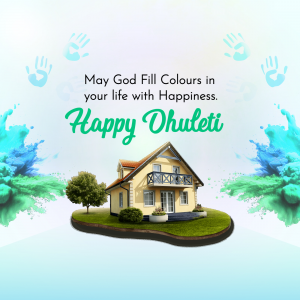 Dhuleti festival greeting with house and color splashes