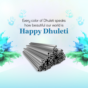 Image depicting Happy Dhulleti with colorful splashes and metal pipes.