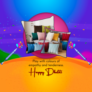 Colorful Dhulandi greeting with a sofa and pillows