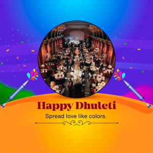 Image of a festive Dhuleti celebration with people gathered around tables and colorful decorations.