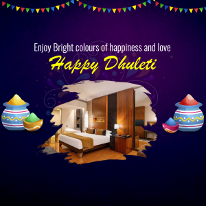 Happy Dhulandi image with colorful pots and a hotel room background