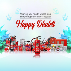 Image depicting Happy Dhulandi wishes alongside fire safety equipment.