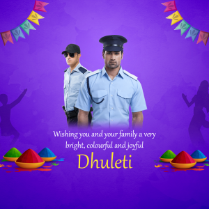 Image of a police officer and security guard with a festive Dhulandi background.