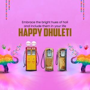 Happy Dhulandi image with colorful elephants and gas pumps