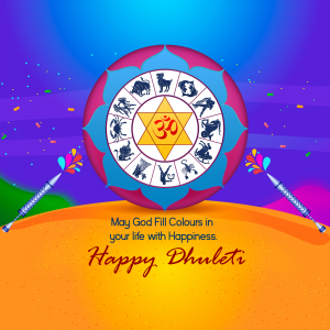 Illustration of a colorful zodiac wheel with the Om symbol and festive decorations for Dhulleti.