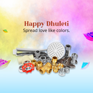 Image depicting Happy Dhuleti with plumbing supplies and colorful Holi elements.