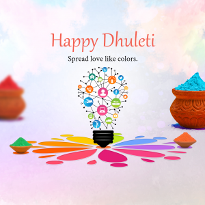 Dhuleti festival greeting with colorful powders and a lightbulb network illustration