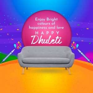 Image depicting a sofa with a festive Dhulleti message and colorful background.
