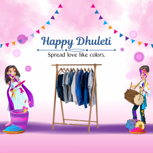 Illustration of Happy Dhulleti with colorful clothes and festive decorations.