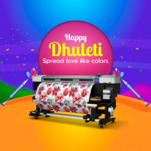 Printer displaying colorful Dhulleti print with festive background