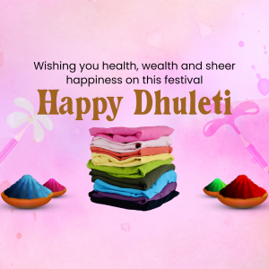 Happy Dhulandi festival greeting with colorful clothes and powder