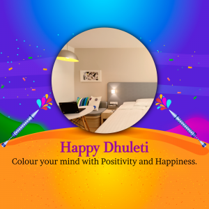 Colorful Happy Dhuleti greeting with a room interior in a circular frame.