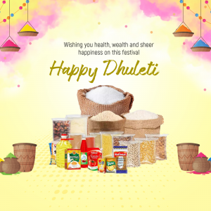 Dhulleti festival greeting with food items and colorful decorations