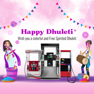 Happy Dhuleti greeting with Indian Oil gas station and festive elements