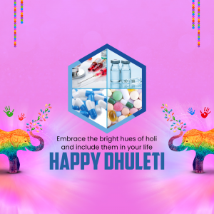 Holi festival greeting with medical supplies and elephants