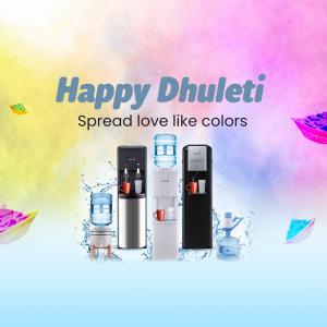 Image featuring water coolers with a festive Dhuleti background and the text 'Happy Dhuleti, Spread love like colors'.