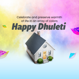 Dhuleti festival greeting with a house and colorful elements