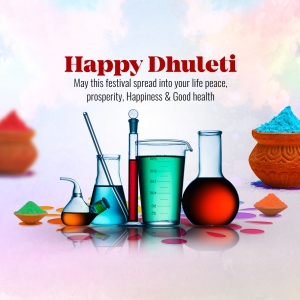 Dhulleti festival greeting with laboratory equipment and colorful powders