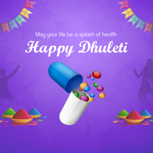 Image depicting Happy Dhulleti with a capsule spilling colorful powders.