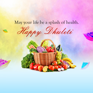Basket of fresh fruits and vegetables with a Dhuleti greeting.