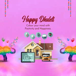 Happy Dhuleti greeting with colorful elephants, a house, and positive icons.
