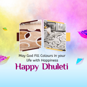 Dhulheti greeting with images of colorful rugs and a festive background.